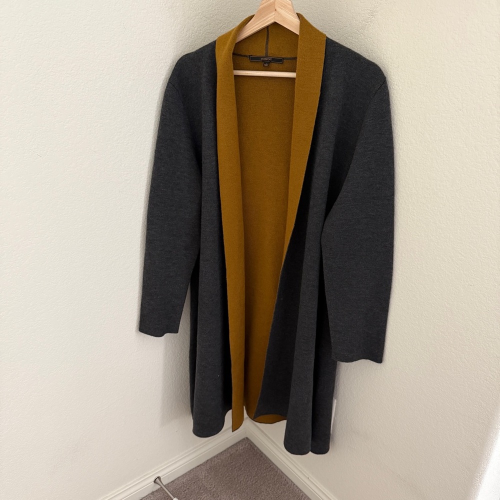 Max Sport dark gray mustard open front long knit cardigan duster wool blend
